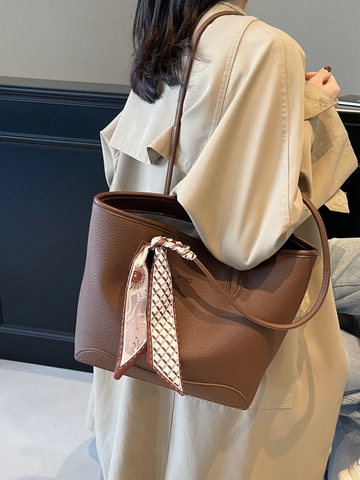 Borsa Tote da Donna alla Moda di Grande Capacità in Pelle PU con Motivo Litchi Borsa a Tracolla da Pendolare con Sciarpa di Seta Decorativa