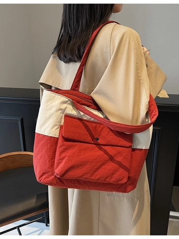 Bolso Tote de Lona de Gran Capacidad para Mujer Acolchado Bloque de Color Bolso de Hombro Casual Diario Escuela