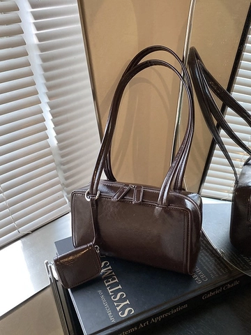 Borsa a Spalla a Cuscino in Pelle PU Lucida Vintage Con Mini Pochette Pendente Borsa Sottobraccio Retro per Donna Ufficio