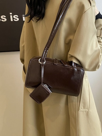 Borsa a Spalla a Cuscino in Pelle PU Lucida Vintage Con Mini Pochette Pendente Borsa Sottobraccio Retro per Donna Ufficio