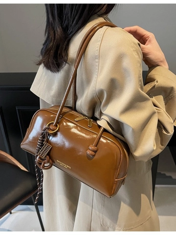 Sac à Épaule en Cuir PU Brillant Vintage pour Femmes Grande Capacité Sac de Bowling Boston Rétro pour Bureau Quotidien
