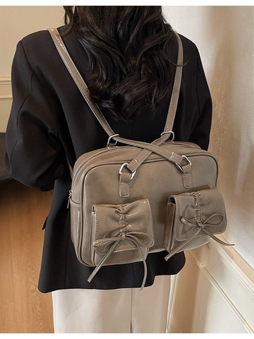 Zaino Vintage in Pelle PU Lucida Donna Grande Capacità Borsa a Spalla Con Fiocco Doppie Tasche Cartella Quotidiana Moda