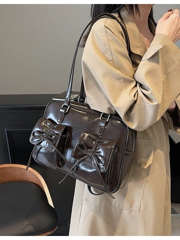 Zaino Vintage in Pelle PU Lucida Donna Grande Capacità Borsa a Spalla Con Fiocco Doppie Tasche Cartella Quotidiana Moda