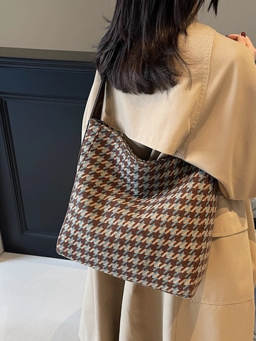 Dames Grote Capaciteit Tote Bag Retro Ruit Hahnentritt Tweed Schoudertas Vintage Handtas Woon-werkverkeer Hobo Tas