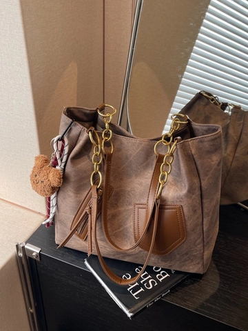 Borsa Tote Grande in Pelle PU Vintage per Donna Borsa a Tracolla Patchwork Con Tracolla a Catena Borsa da Lavoro Con Ciondolo a Orso