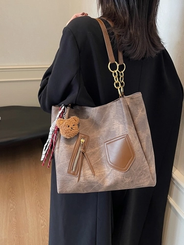 Borsa Tote Grande in Pelle PU Vintage per Donna Borsa a Tracolla Patchwork Con Tracolla a Catena Borsa da Lavoro Con Ciondolo a Orso