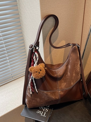 Sac Fourre-tout de Grande Capacité Style Coréen pour Femmes PU Cuir Épissage Surpiqûres Contrastées Sac Épaule Avec Ours