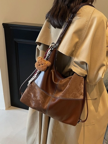 Sac Fourre-tout de Grande Capacité Style Coréen pour Femmes PU Cuir Épissage Surpiqûres Contrastées Sac Épaule Avec Ours
