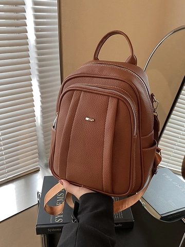 Damen Mode Litschimuster PU Leder Rucksack Mehrere Reißverschlusstaschen Lässige Pendeltasche Mit Rundring Reißverschluss Griff Alltagstasche