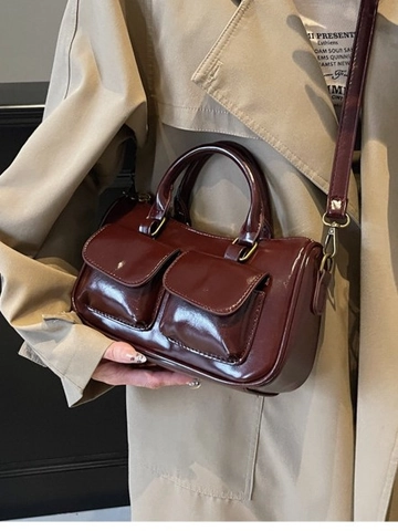 Vintage Glänzendes PU-Leder Boston Tasche Damen Doppel Fronttasche Schulter Umhängetasche Mit Verstellbarem Riemen Alltägliche Handtasche