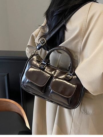 Vintage Glänzendes PU-Leder Boston Tasche Damen Doppel Fronttasche Schulter Umhängetasche Mit Verstellbarem Riemen Alltägliche Handtasche
