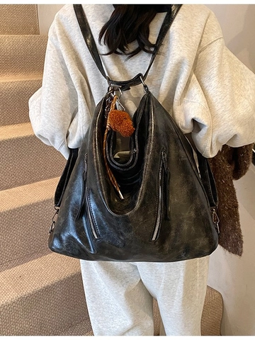 Vintage Large Capacity PU Leather Tote Backpack For Women Multi-functional Distressed Shoulder Bag With Plush Bear Pendant