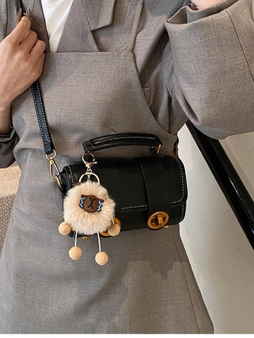 Vintage Maillard PU Leather Boston Bag Small Crossbody Shoulder Bag With Plush Sheep Pendant Gold Lock Handbag For Women