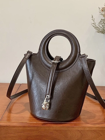Bolso Cubo de Cuero PU Vintage para Mujer Con Asa Superior Circular Bolso Bandolera Con Decoración de Cerradura Plateada Bolso de Mano