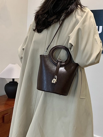 Bolso Cubo de Cuero PU Vintage para Mujer Con Asa Superior Circular Bolso Bandolera Con Decoración de Cerradura Plateada Bolso de Mano