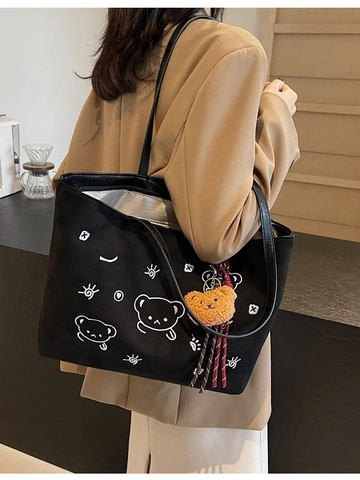 Women Suede Tote Bag Large Capacity Shoulder Bag With Bear Embroidery And Plush Charm Casual Cartoon Shopper Bag