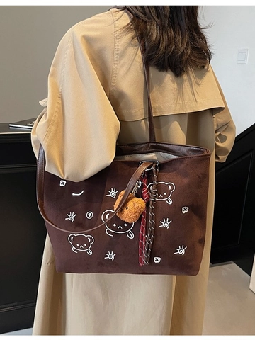 Women Suede Tote Bag Large Capacity Shoulder Bag With Bear Embroidery And Plush Charm Casual Cartoon Shopper Bag