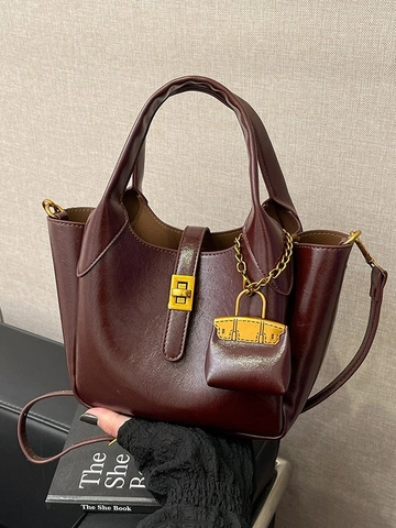Bolso de Cubo de Cuero PU de Moda para Mujer Bolso de Mano Minimalista Con Mini Colgante Cierre de Metal Vintage