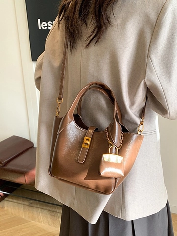Bolso de Cubo de Cuero PU de Moda para Mujer Bolso de Mano Minimalista Con Mini Colgante Cierre de Metal Vintage