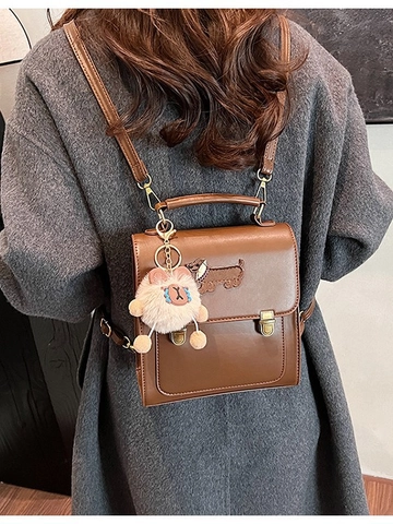 Vintage PU Leder Quadratischer Rucksack Für Damen Mit Dackel Stickerei Und Plüsch Anhänger Mode Schultasche Reise Handtasche