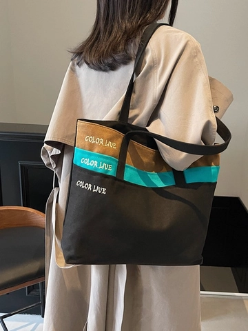 Γυναικεία Vintage Canvas Patchwork Tote Τσάντα Μεγάλη Χωρητικότητα Color Block Τσάντα Ώμου Με Τσέπη Φερμουάρ Casual Τσάντα Χειρός