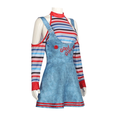 Dames Halloween Horror Clown Cosplay Kostuum Gestreepte Off Shoulder Lange Mouwen Top En Denim Blauwe Overgooier Jurk Outfit