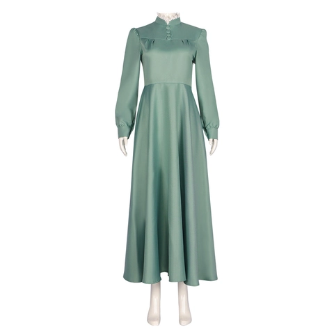 Vintage Saliegroen Dienstmeisje Cosplay Kostuum Lange Mouw Opstaande Kraag Kanten Rand A-Lijn Lange Jurk Voor Halloween Vrouwen