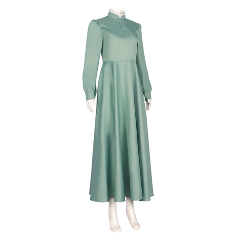 Vintage Saliegroen Dienstmeisje Cosplay Kostuum Lange Mouw Opstaande Kraag Kanten Rand A-Lijn Lange Jurk Voor Halloween Vrouwen