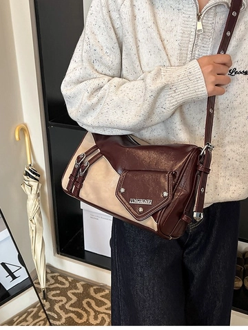 Bolso de Axila de Cuero PU Patchwork Retro para Mujer Gran Capacidad Color de Contraste Bolso de Bandolera Almohada Hebilla de Metal