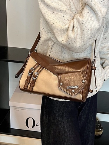 Bolso de Axila de Cuero PU Patchwork Retro para Mujer Gran Capacidad Color de Contraste Bolso de Bandolera Almohada Hebilla de Metal