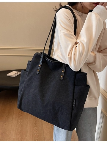 Borsa Tote in Tela di Grande Capacità per Donna Casual Borsa da Pendolare a Spalla Con Finiture in Pelle Sintetica Rivetti