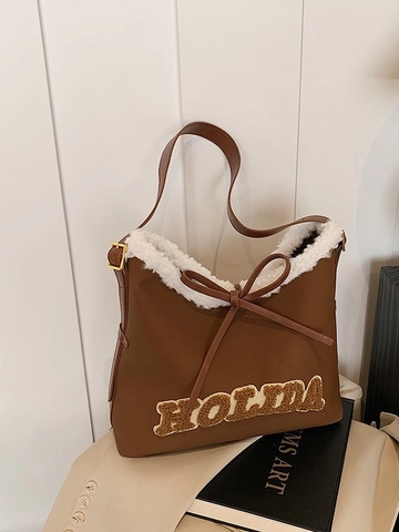 Bolso Tote de Cuero PU Vintage para Mujer Bolso de Hombro de Gran Capacidad Con Borde de Piel Sintética Blanca Parche de Letras Lazo Holiday Bolso de Diario Otoño Invierno
