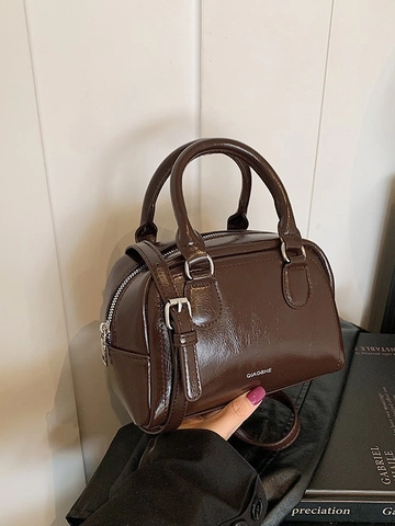 Women's Vintage Minimalist Boston Handbag Glossy PU Leather Small Square Crossbody Bag With Adjustable Strap Korean Fashion Daily Tote