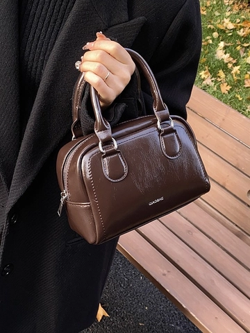 Women's Vintage Minimalist Boston Handbag Glossy PU Leather Small Square Crossbody Bag With Adjustable Strap Korean Fashion Daily Tote