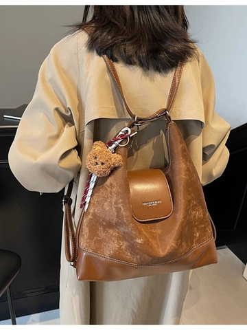 Borsa Tote da Donna in Pelle PU di Grande Capacità Moda Retro Borsa a Tracolla Multi-funzione Zaino Con Pendaglio Orsetto Casual
