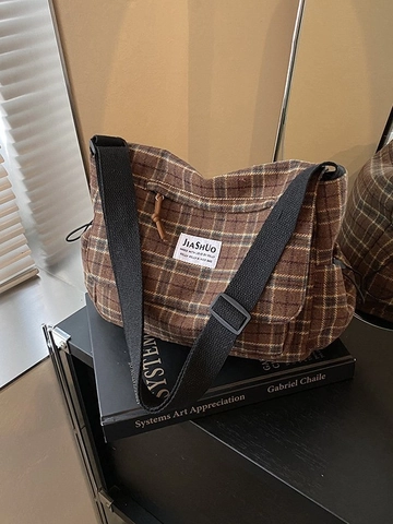 Borsa a Tracolla Retrò da Donna in Tela a Quadri Stile Coreano Grande Capacità Borsa Postino per Pendolarismo Quotidiano Lavoro Ufficio