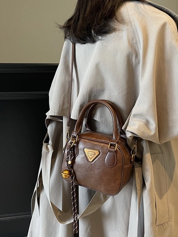 Women Vintage Crossbody Bag PU Leather Handbag Small Square Boston Style Bag With Metal Triangle Plaque And Bell Charm Adjustable Strap Daily Fashion Shoulder Bag