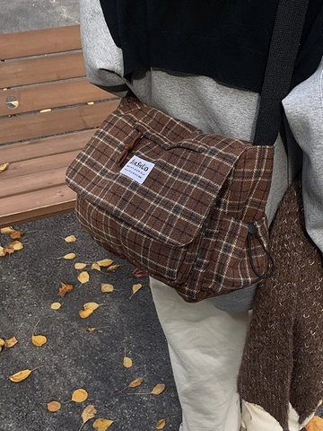 Borsa a Tracolla Retrò da Donna in Tela a Quadri Stile Coreano Grande Capacità Borsa Postino per Pendolarismo Quotidiano Lavoro Ufficio