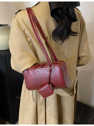 Retro PU Leather Rectangular Shoulder Bag For Women Vintage Boston Style Underarm Bag With Mini Pouch Commuter Handbag