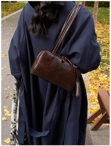 Retro PU Leather Rectangular Shoulder Bag For Women Vintage Boston Style Underarm Bag With Mini Pouch Commuter Handbag