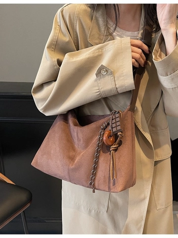 Borsa a Spalla Hobo Vintage Grande Capacità Effetto Scamosciato per Donna Borsa Tote Retro Opaca Con Ciondoli Divertenti