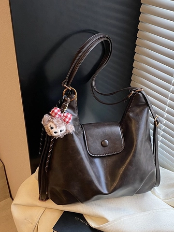 Zaino Hobo in Pelle PU Vintage da Donna Grande Capacità Borsa a Spalla Multifunzionale Con Ciondolo di Peluche Zaino Casual Pendolare