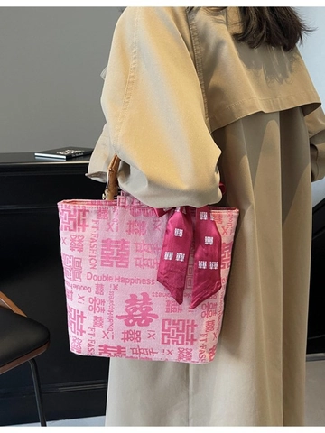 Bolso Tote Estilo Boda China Asa de Bambú Patrón Doble Felicidad Tela Jacquard Gran Capacidad Bolso de Mano con Pañuelo