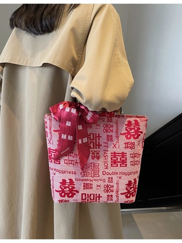 Bolso Tote Estilo Boda China Asa de Bambú Patrón Doble Felicidad Tela Jacquard Gran Capacidad Bolso de Mano con Pañuelo