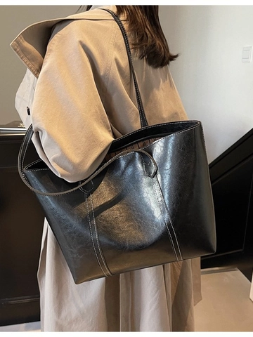 Bolsa de Mano de Gran Capacidad para Mujer Cuero PU Bolsa de Hombro Con Costuras de Contraste Vintage Diario Oficina