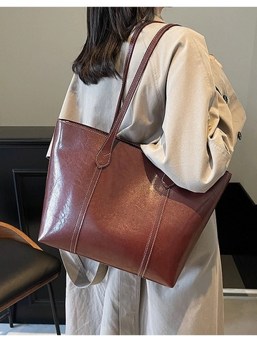 Bolsa de Mano de Gran Capacidad para Mujer Cuero PU Bolsa de Hombro Con Costuras de Contraste Vintage Diario Oficina