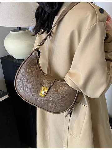 Borsa a Tracolla Mezza Luna in Pelle PU Granulata Vintage Per Donna Chiusura Oro Grande Capacità Borsa da Sottobraccio Hobo