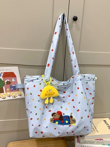 Women Large Capacity Polka Dot Nylon Tote Bag With Cartoon Dog Patch Plush Pendant Cute Daily Shoulder Bag Casual Shopper Bag