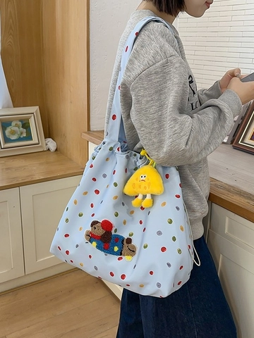 Women Large Capacity Polka Dot Nylon Tote Bag With Cartoon Dog Patch Plush Pendant Cute Daily Shoulder Bag Casual Shopper Bag