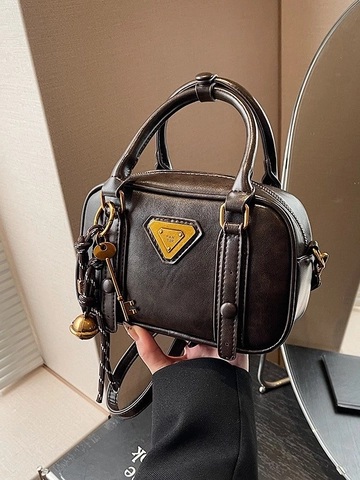 Vintage PU-Leder Kleine Quadratische Umhängetasche Für Damen Mode Einfarbig Handtasche Mit Metall-Dreieck-Schild Täglich